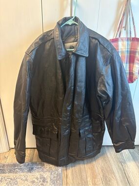 Burks Bay Men's Black Leather Bomber Jacket with Utility Pockets